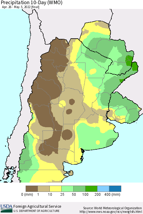 Southern South America Precipitation 10-Day (WMO) Thematic Map For 4/26/2022 - 5/5/2022