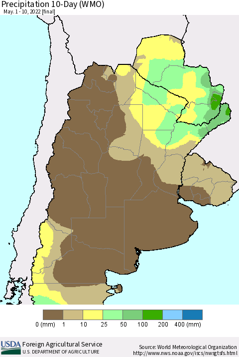 Southern South America Precipitation 10-Day (WMO) Thematic Map For 5/1/2022 - 5/10/2022
