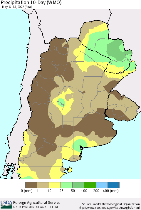 Southern South America Precipitation 10-Day (WMO) Thematic Map For 5/6/2022 - 5/15/2022