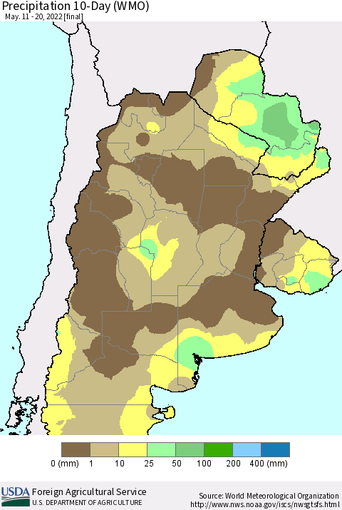 Southern South America Precipitation 10-Day (WMO) Thematic Map For 5/11/2022 - 5/20/2022