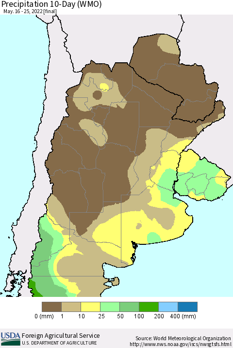 Southern South America Precipitation 10-Day (WMO) Thematic Map For 5/16/2022 - 5/25/2022