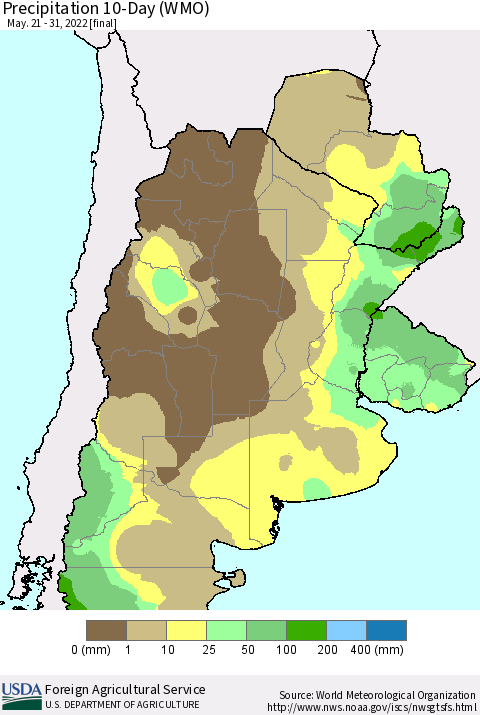 Southern South America Precipitation 10-Day (WMO) Thematic Map For 5/21/2022 - 5/31/2022