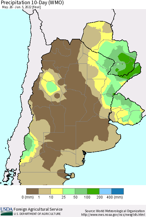 Southern South America Precipitation 10-Day (WMO) Thematic Map For 5/26/2022 - 6/5/2022
