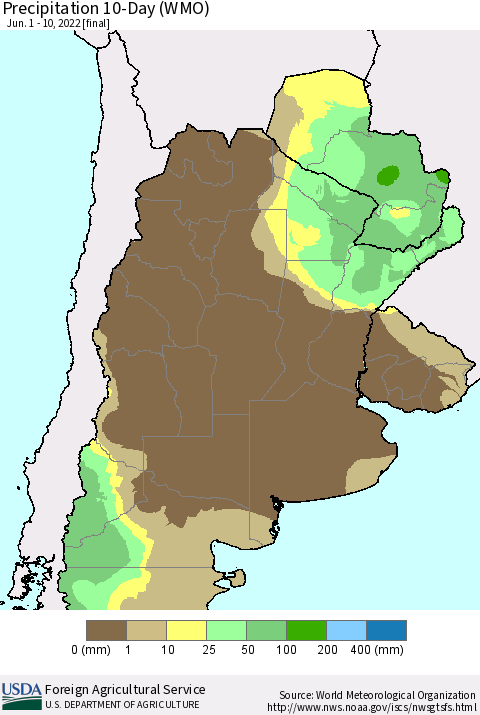 Southern South America Precipitation 10-Day (WMO) Thematic Map For 6/1/2022 - 6/10/2022