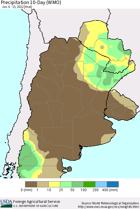 Southern South America Precipitation 10-Day (WMO) Thematic Map For 6/6/2022 - 6/15/2022
