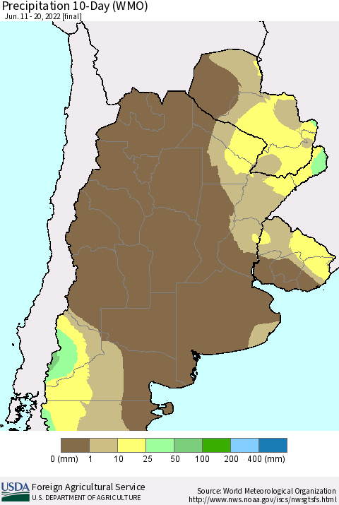 Southern South America Precipitation 10-Day (WMO) Thematic Map For 6/11/2022 - 6/20/2022