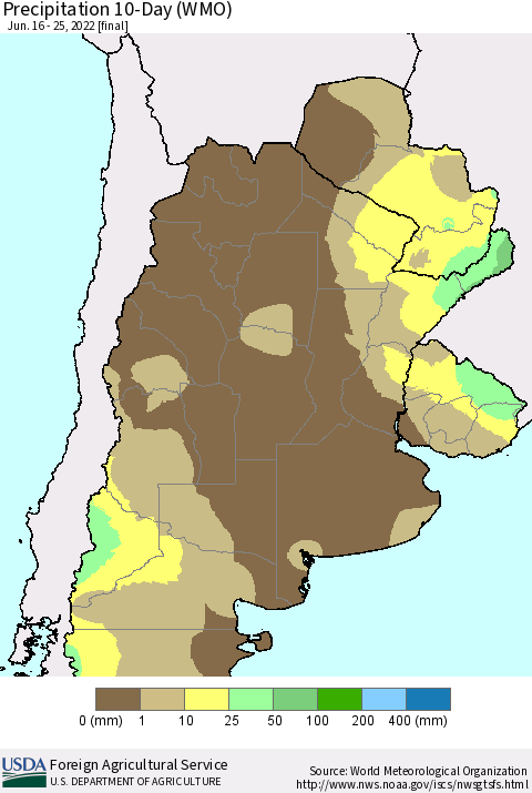 Southern South America Precipitation 10-Day (WMO) Thematic Map For 6/16/2022 - 6/25/2022