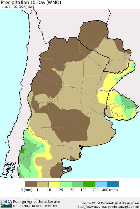 Southern South America Precipitation 10-Day (WMO) Thematic Map For 6/21/2022 - 6/30/2022
