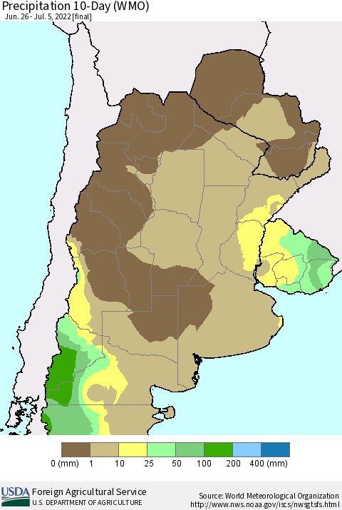 Southern South America Precipitation 10-Day (WMO) Thematic Map For 6/26/2022 - 7/5/2022