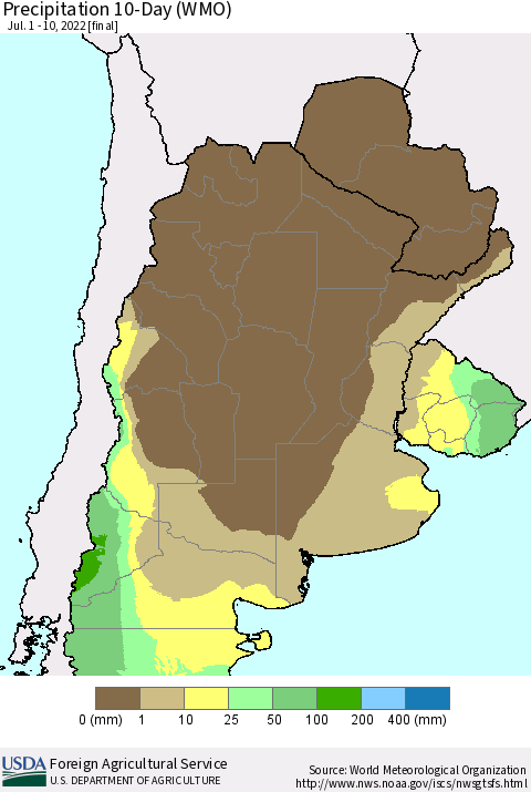 Southern South America Precipitation 10-Day (WMO) Thematic Map For 7/1/2022 - 7/10/2022