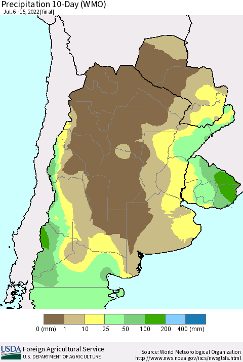 Southern South America Precipitation 10-Day (WMO) Thematic Map For 7/6/2022 - 7/15/2022