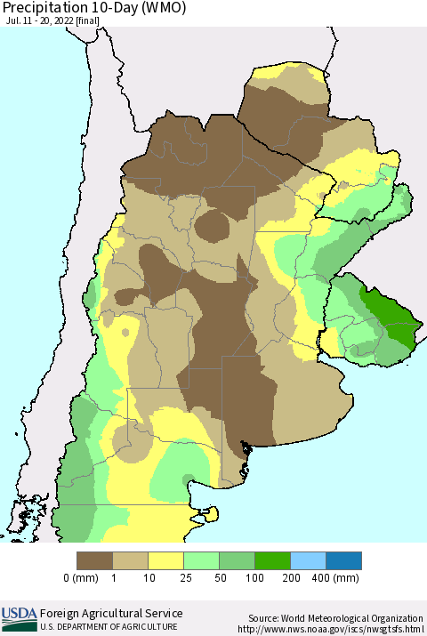 Southern South America Precipitation 10-Day (WMO) Thematic Map For 7/11/2022 - 7/20/2022