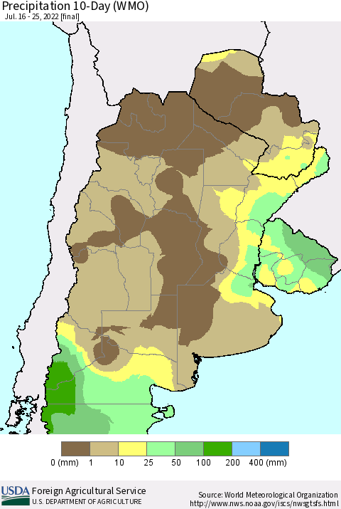 Southern South America Precipitation 10-Day (WMO) Thematic Map For 7/16/2022 - 7/25/2022