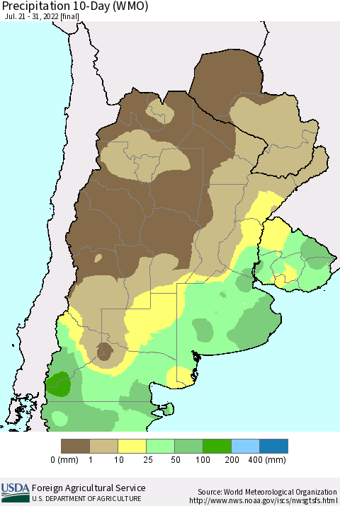 Southern South America Precipitation 10-Day (WMO) Thematic Map For 7/21/2022 - 7/31/2022