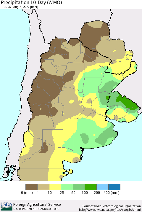 Southern South America Precipitation 10-Day (WMO) Thematic Map For 7/26/2022 - 8/5/2022