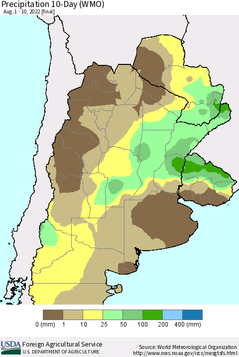 Southern South America Precipitation 10-Day (WMO) Thematic Map For 8/1/2022 - 8/10/2022