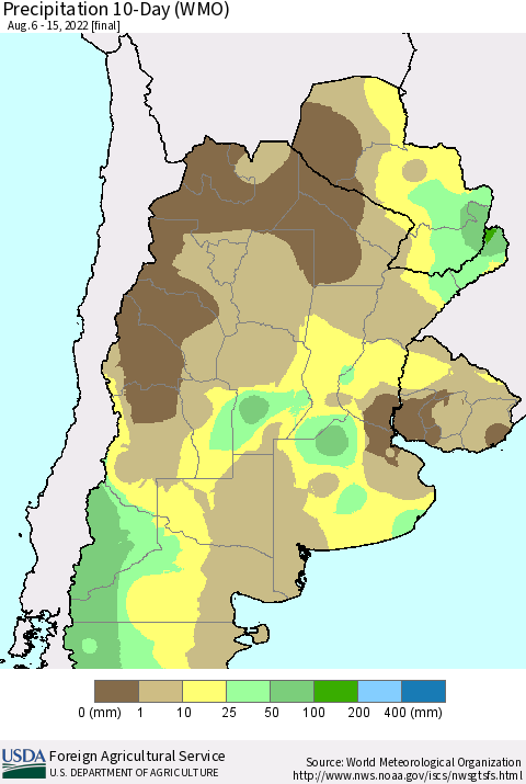 Southern South America Precipitation 10-Day (WMO) Thematic Map For 8/6/2022 - 8/15/2022