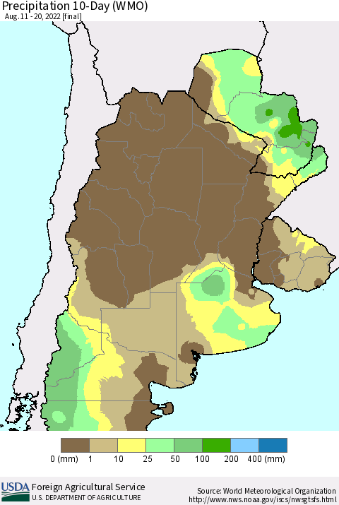 Southern South America Precipitation 10-Day (WMO) Thematic Map For 8/11/2022 - 8/20/2022