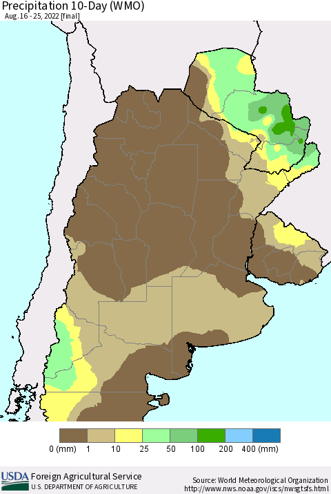 Southern South America Precipitation 10-Day (WMO) Thematic Map For 8/16/2022 - 8/25/2022