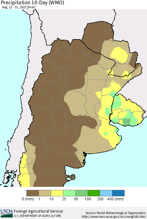 Southern South America Precipitation 10-Day (WMO) Thematic Map For 8/21/2022 - 8/31/2022