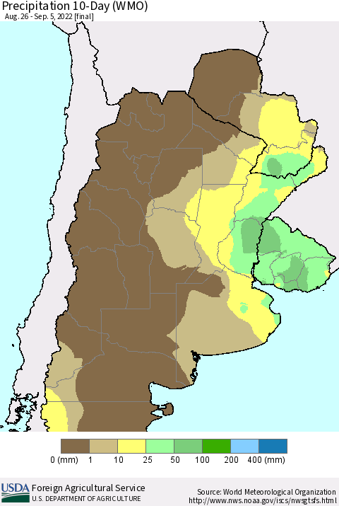 Southern South America Precipitation 10-Day (WMO) Thematic Map For 8/26/2022 - 9/5/2022