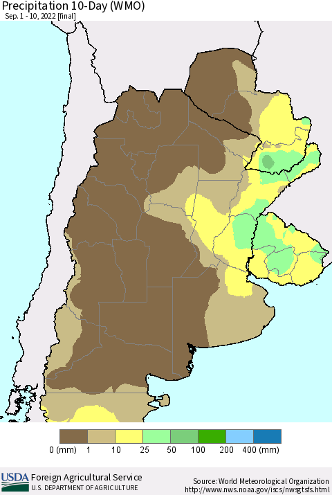 Southern South America Precipitation 10-Day (WMO) Thematic Map For 9/1/2022 - 9/10/2022