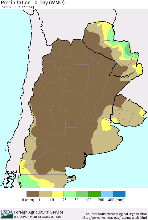 Southern South America Precipitation 10-Day (WMO) Thematic Map For 9/6/2022 - 9/15/2022