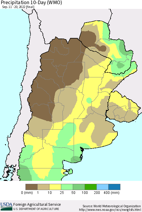 Southern South America Precipitation 10-Day (WMO) Thematic Map For 9/11/2022 - 9/20/2022