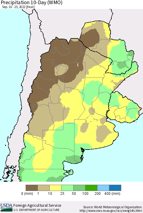 Southern South America Precipitation 10-Day (WMO) Thematic Map For 9/16/2022 - 9/25/2022