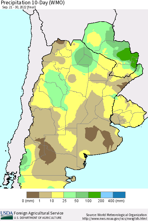 Southern South America Precipitation 10-Day (WMO) Thematic Map For 9/21/2022 - 9/30/2022