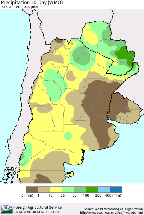 Southern South America Precipitation 10-Day (WMO) Thematic Map For 9/26/2022 - 10/5/2022