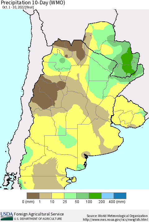 Southern South America Precipitation 10-Day (WMO) Thematic Map For 10/1/2022 - 10/10/2022