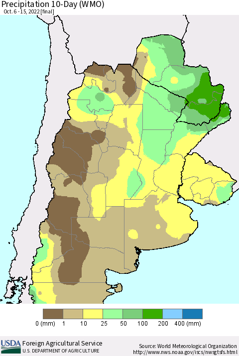 Southern South America Precipitation 10-Day (WMO) Thematic Map For 10/6/2022 - 10/15/2022