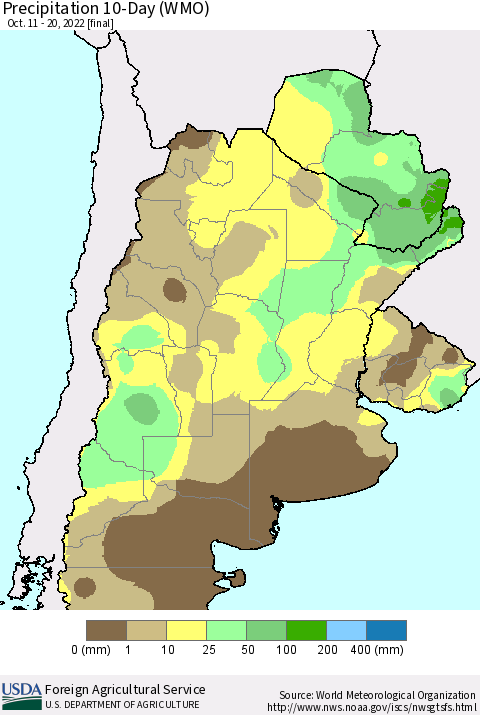 Southern South America Precipitation 10-Day (WMO) Thematic Map For 10/11/2022 - 10/20/2022