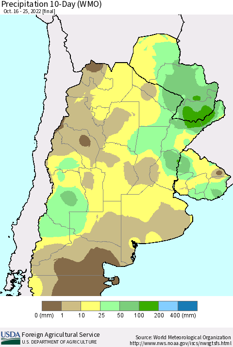 Southern South America Precipitation 10-Day (WMO) Thematic Map For 10/16/2022 - 10/25/2022