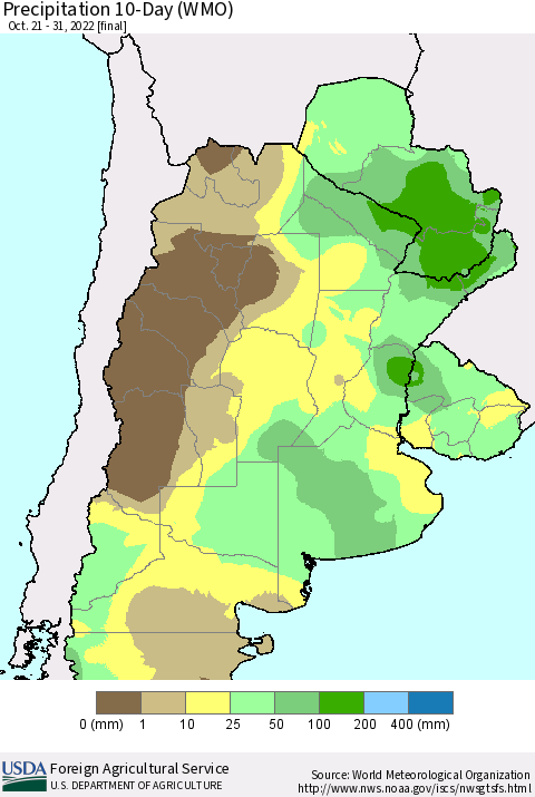 Southern South America Precipitation 10-Day (WMO) Thematic Map For 10/21/2022 - 10/31/2022