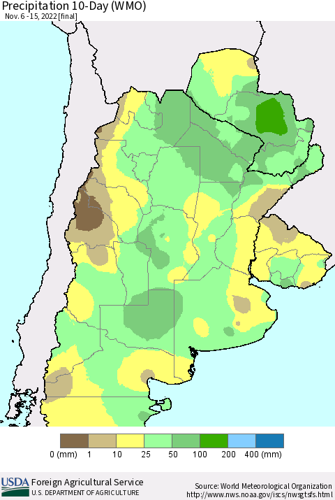 Southern South America Precipitation 10-Day (WMO) Thematic Map For 11/6/2022 - 11/15/2022