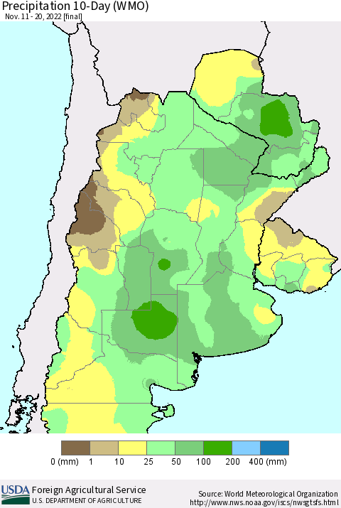 Southern South America Precipitation 10-Day (WMO) Thematic Map For 11/11/2022 - 11/20/2022