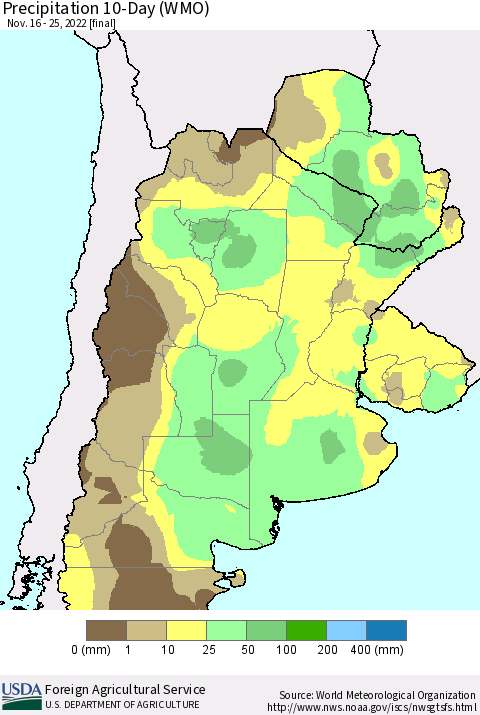 Southern South America Precipitation 10-Day (WMO) Thematic Map For 11/16/2022 - 11/25/2022