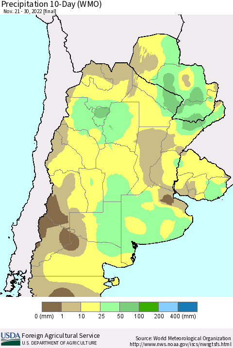 Southern South America Precipitation 10-Day (WMO) Thematic Map For 11/21/2022 - 11/30/2022