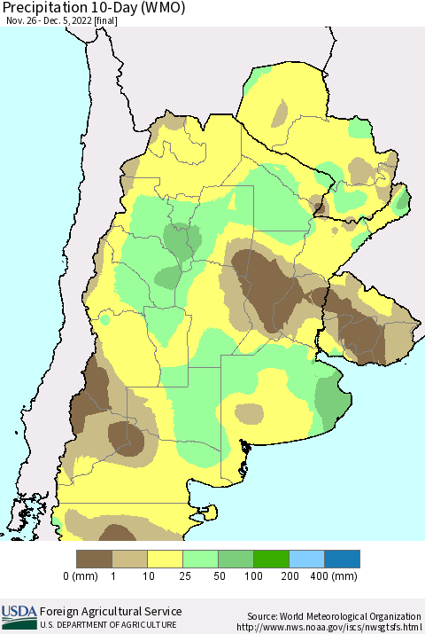 Southern South America Precipitation 10-Day (WMO) Thematic Map For 11/26/2022 - 12/5/2022