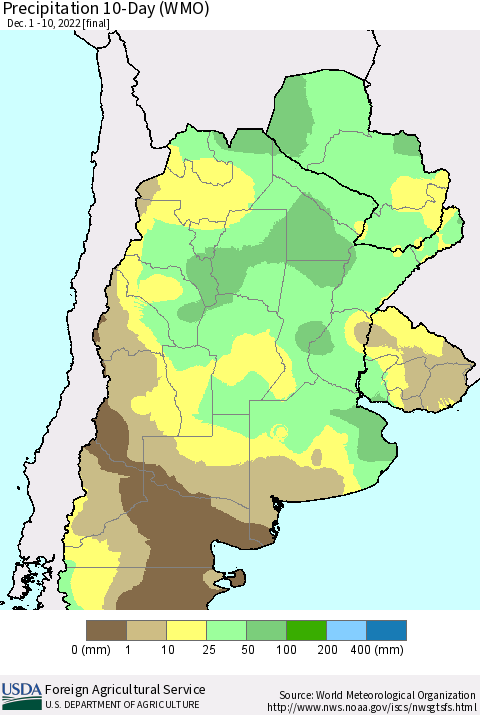Southern South America Precipitation 10-Day (WMO) Thematic Map For 12/1/2022 - 12/10/2022