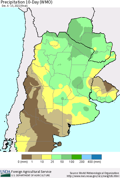 Southern South America Precipitation 10-Day (WMO) Thematic Map For 12/6/2022 - 12/15/2022