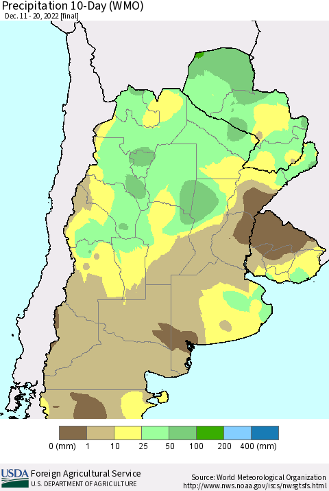 Southern South America Precipitation 10-Day (WMO) Thematic Map For 12/11/2022 - 12/20/2022
