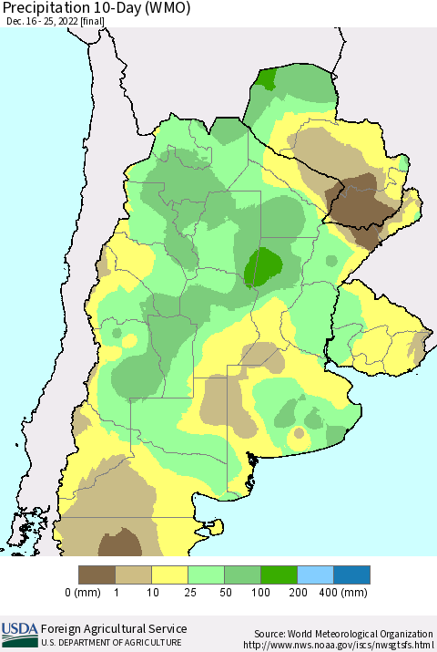 Southern South America Precipitation 10-Day (WMO) Thematic Map For 12/16/2022 - 12/25/2022