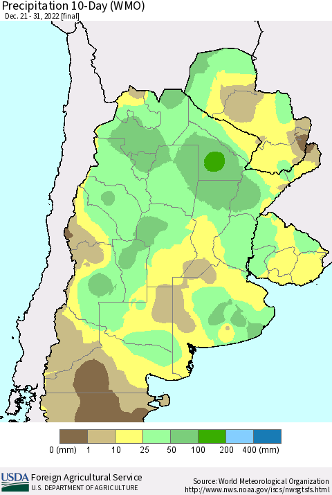 Southern South America Precipitation 10-Day (WMO) Thematic Map For 12/21/2022 - 12/31/2022