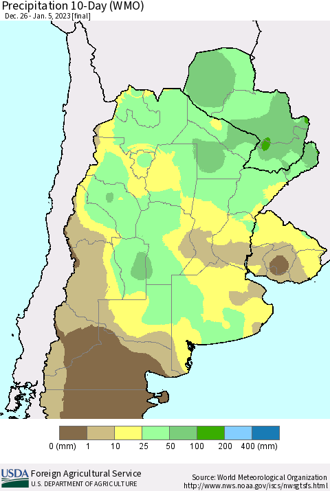 Southern South America Precipitation 10-Day (WMO) Thematic Map For 12/26/2022 - 1/5/2023