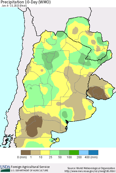 Southern South America Precipitation 10-Day (WMO) Thematic Map For 1/6/2023 - 1/15/2023