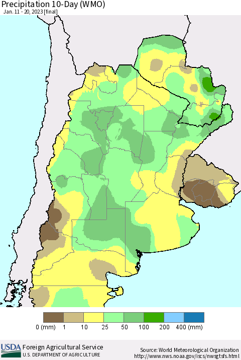 Southern South America Precipitation 10-Day (WMO) Thematic Map For 1/11/2023 - 1/20/2023