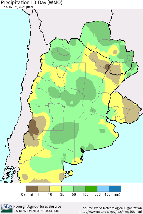 Southern South America Precipitation 10-Day (WMO) Thematic Map For 1/16/2023 - 1/25/2023